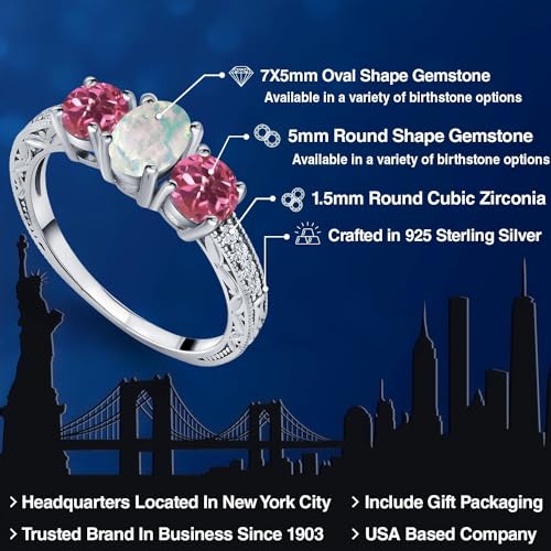 Gem Stone King 1.75 Cttw White Simulated Opal and Pink Tourmaline Engagement Ring For Women | 925 Sterling Silver | Oval 7X5MM and Round 5MM | Available in size 5, 6, 7, 8, 92