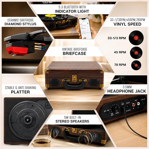 Image of CLAW Stag Portable Pro Bluetooth Turntable | 2x5W Speakers | Brown Wood