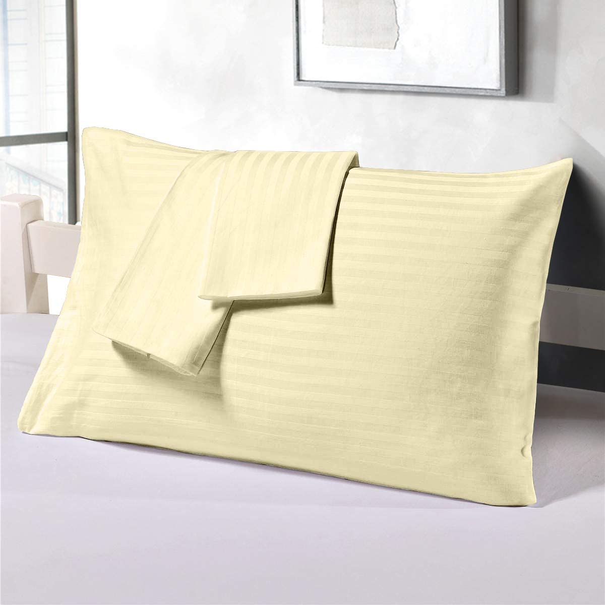 Juego de 4 fundas de almohada 100% algodón egipcio de 400 hilos, súper suaves, acogedoras y transpirables, lujosas fundas de almohada con cierre de sobre, rayas marfil, tamaño del cuerpo