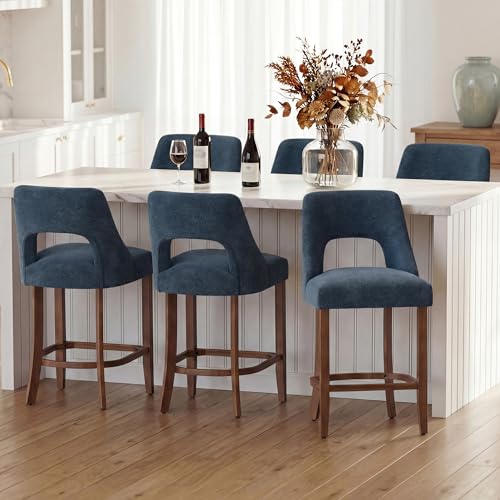 Image of UVV Bar Stools Set of 6, Upholstered Counter Height Bar Stools, Modern Counter Stools with Wood Legs for Kitchen Island Dining Room Bar, Navy Blue