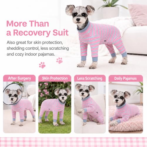 Image of Dog Striped Recovery Suit, Puppy After Surgery Onesie for Female Male Dogs, Dogs Cats Long Sleeve Pajamas Bodysuit, Surgery Abdominal Wound Bandages Clothes, Dog Pant for Shedding Skin Disease