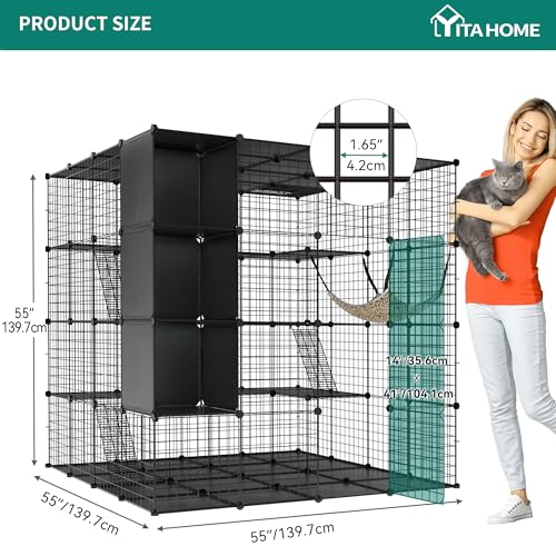 YITAHOME 4 Tiers Large Cat Enclosure with DIY Storage Cube, Indoor Catio Playpen with Hammock for 1-4 Cats, Ideal for Home and Travel