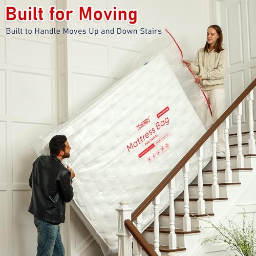 Image of ZCHENBS - Full /Full XL Mattress Bags for Moving, Waterproof Mattress Storage Bag with Zipper, Heavy-Duty 5 Mil Ultra-Thick Bed Protector Cover for Moving, Reusable (Transparent /Red, 1 Pack)