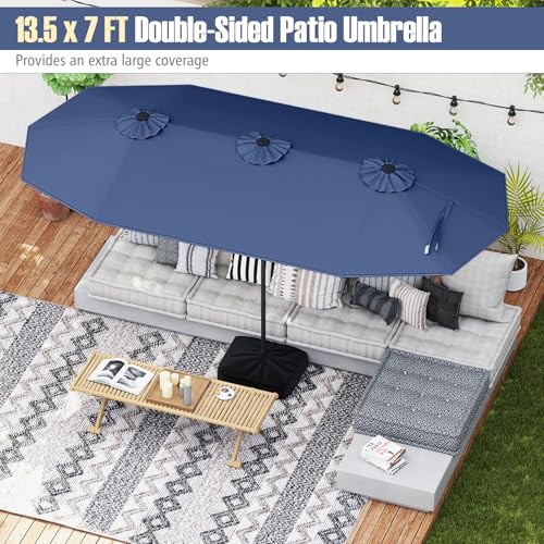 Image of Tangkula 13FT Double-sided Patio Umbrella, Extra Large Twin Table Umbrella with Crank Handle, Umbrella Base, Safety Lock, Air Vent, Outdoor Market Umbrella for Garden Pool Backyard (Navy)