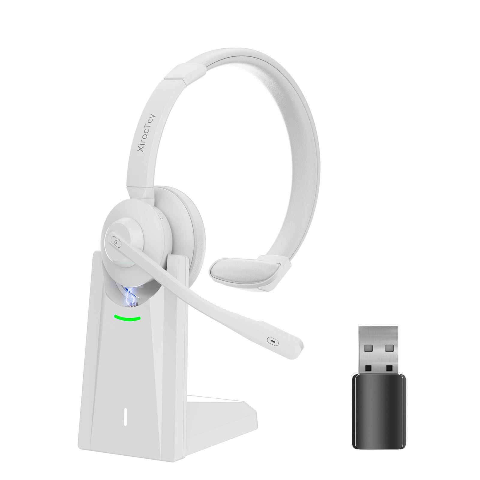 Wireless Headset with Mic for Work, Bluetooth Headset, Mic Clear Calls, Wireless Headphones with AI Noise Cancelling Microphone (Bluetooth 5.3 & Mic Mute), USB Dongle, for PC/Zoom(White)