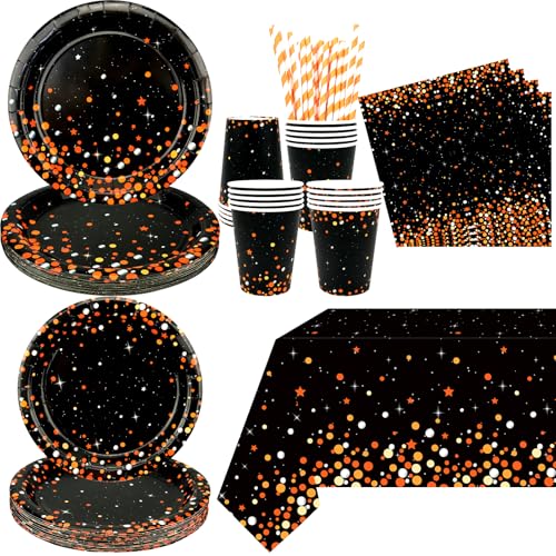 Décorations de fête orange et noire : kit vaisselle 20 personnes avec nappes