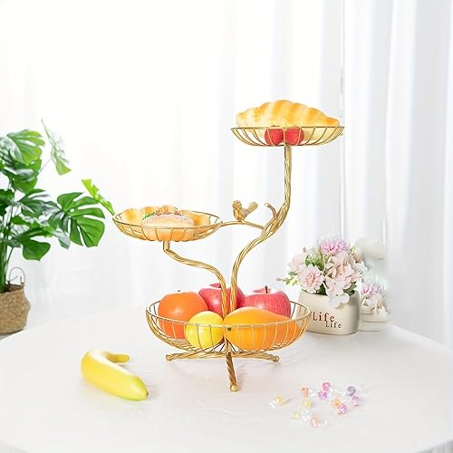 Miniatura 3 de LANDTOM Cesta de frutas de 3 niveles, soporte de metal galvanizado, decorativo, para fruteros, bandejas de almacenamiento de madera de bambú,