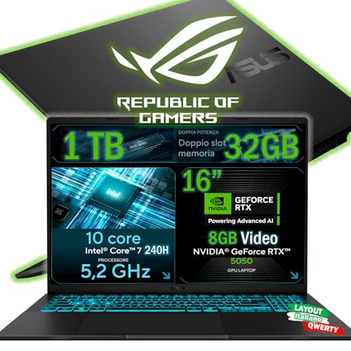 Notebook Gaming, CPU Intel Core 7 240H 5,2 GHz, RAM 32GB DDR5, SSD 1TB NVMe, NVIDIA GeForce RTX 5050 8GB, Display 16" FHD IPS, WiFi 6E, Tastiera Retroilluminata, Win 11 Pro, Portatile QWERTY - Notebook - Immagine 4