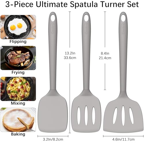 Image of Coukre 3 Pack Silicone Spatula Set, Heat Resistant to 500F, BPA-Free | Fish Spatula, Solid & Slotted Turners, Dishwasher Safe, Spatula Set for Eggs, Pancakes, Fish & Burgers, PureGray
