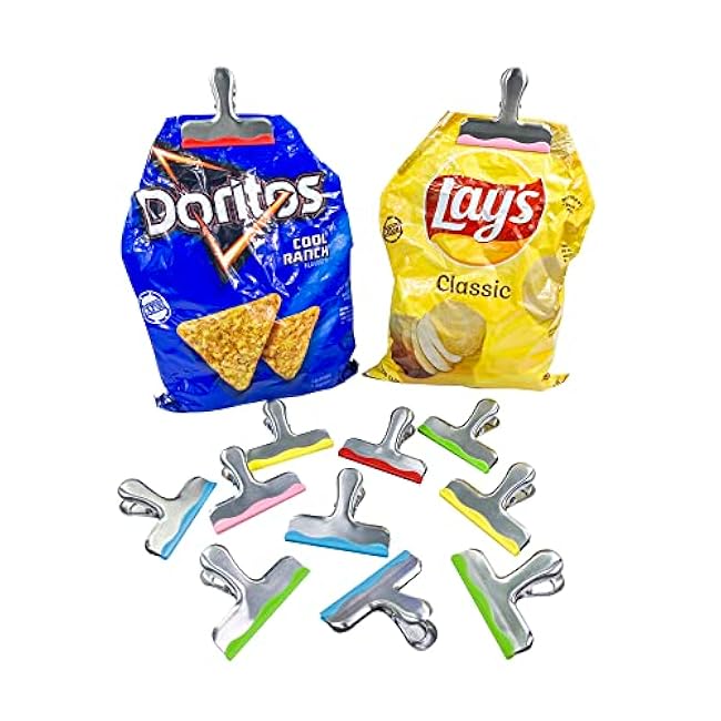 12 Pack Metal Chip Clips with Silicone Edges ¨C Heavy Duty Bag Clips for Food Packages, Kitchen, Office ¨C Color Coded, Air Tight Extra Strong Clamps, 3 Inches Wide (12)