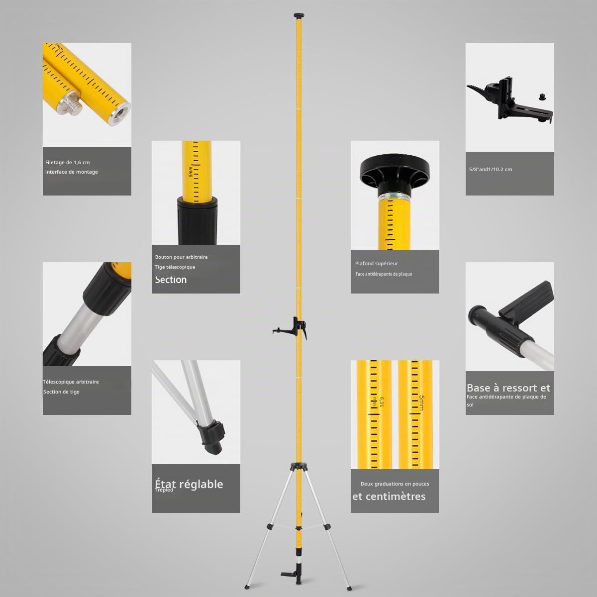 Pôle de Niveau Laser, Perche Télescopique de 4,8M avec Trépied, Support de Niveau Laser pour Lasers Rotatifs et Lasers Linéaires, Filetage de 1/4"-20 et Adaptateur 5/8"-11 Inclus