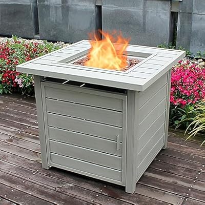 OutVue 28 Inch Propane Fire Pit Table, Outdoor Gas Fire Pits with Lid & Lava Rock, 50000 BTU Firepit for Dinning, Party in Outside, Patio, Garden or Yard (Light Grey)