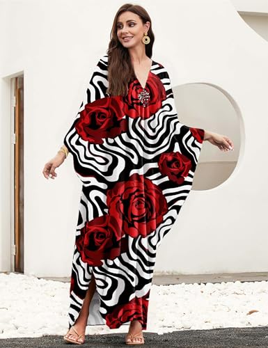 Image of MAKABO Kaftan Dresses for Women, V Neck Moo Moos Colorful Print Cover Ups Caftan Beach Dresses for Swimwear