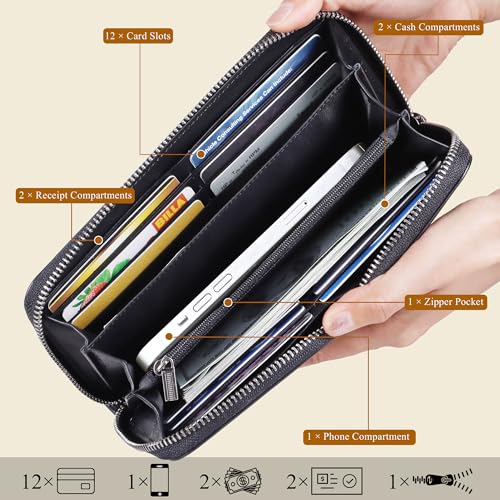 VISOUL Leather Long Zipper Pouch Wallet for Men and Women with RFID Blocking, Large Clutch Cash Long Wallet with Zipper (Black)2