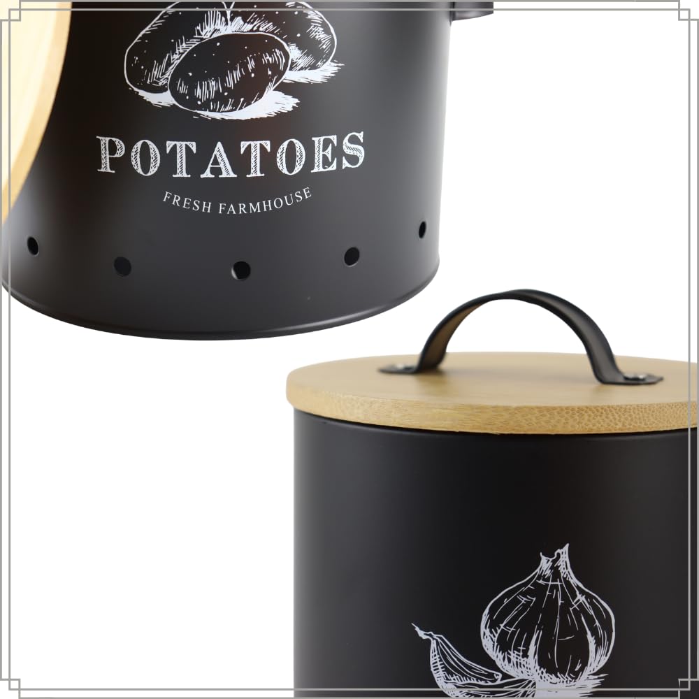 OTIX Vorratsgläser - mit Deckel - Schwarz - 3er Set - Knoblauchtopf - Zwiebeltopf - Kartoffeltopf - Metall
