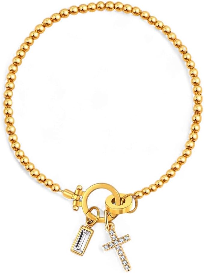 Mint & Lily Birthstone Cross Charm Bracelet - 18K Gold Plated Over Brass Gold Bracelet for Women with Gemstone