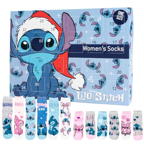 Calendario de Adviento de Disney Lilo & Stitch con 12 pares de calcetines, tamaño 35-41, para mujer, calendario de Navidad con zapatillas y calcetines largos