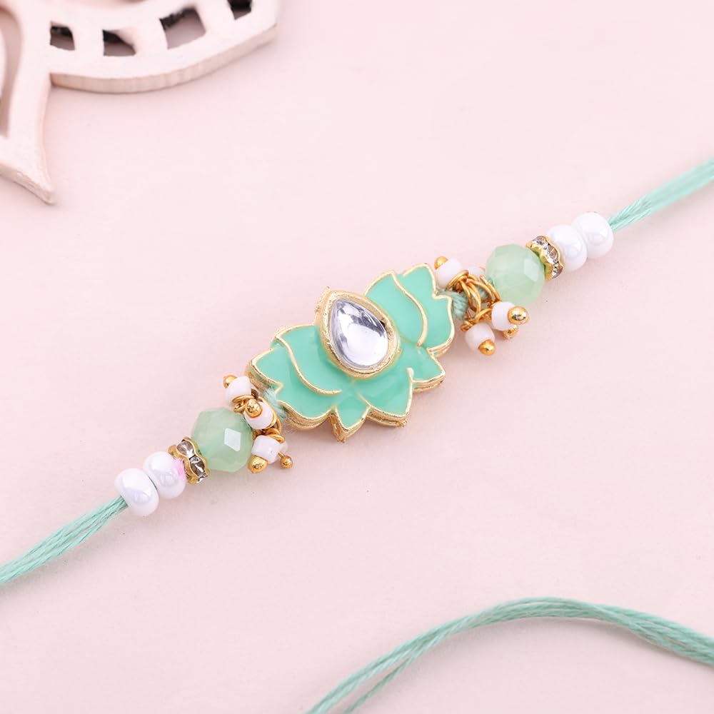 Floweraura Raksha Bandhan Celebrations Handcrafted Designer Pastel Mint & Kundan Rakhi - Rakhi Set for Brother | Bhai | Kids | Boy | Cousins | Handmade Rakshabandhan Gift Set