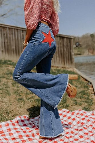 Mxiqqpltky Star Patchwork Bell Bottom Jeans for Women Mid Waist Bootcut Flare Jeans Stretch Straight Leg Skinny Denim Pants4