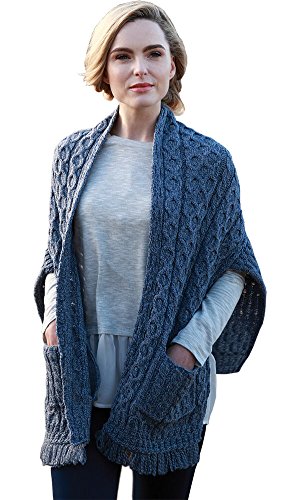Ladies Merino Wool Wrap, with Pockets, Made in Ireland, 100% Pure Irish Wool, Blue