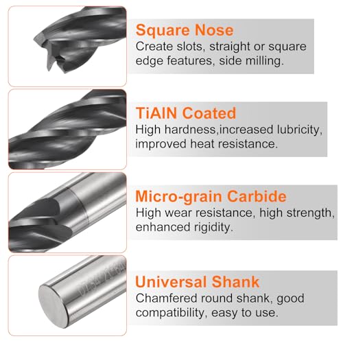 Image of HARFINGTON Carbide Square Nose End Mill Bit 19 /64 inch Cut Dia 4 Flutes TiAlN Coated Milling Cutter for Hardened Steel Metal (19 /64 inch Shank 13 /16 inch Cut Length 2-1 /2 inch Long 30 Degree Helix)
