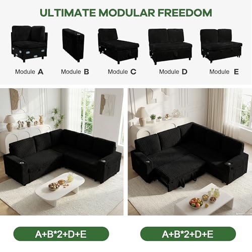 Image of Oversized Sectional Couch, L Shaped Corduroy Couch for Living Room, Sectional Sleeper Sofa with Pull Out Bed, Convertible Sofa Bed for Living Room, Bedroom and Apartment, Black