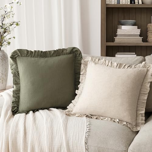 Image of Foindtower Set of 2 Decorative Soild Fringe Ruffle Throw Pillow Covers Soft Boho Farmhouse Cushion Cover Cozy Accent Retro Pillowcase for Couch Sofa Bed Living Room Home Decor,18x18 Inch,Olive Green