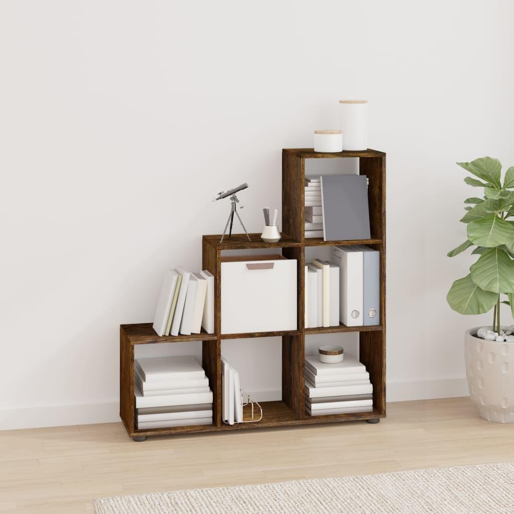Libreria a Scala 6 Scomparti Rovere Fumo 104x29x107 cm | Scaffale salvaspazio a gradini per soggiorno o studio, ideale come mobile espositivo per piante e decorazioni.