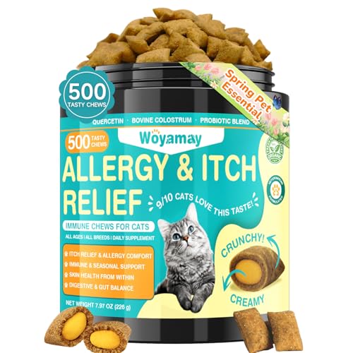Woyamay Cat Allergy Relief for Cats, 500 Crunchy & Creamy Anti-Itch and Immunity Chews for Itchy Skin, Paws, Eyes, Ears| Stop Licking & Scratching, Supports Seasonal Itching, Chicken Flavor