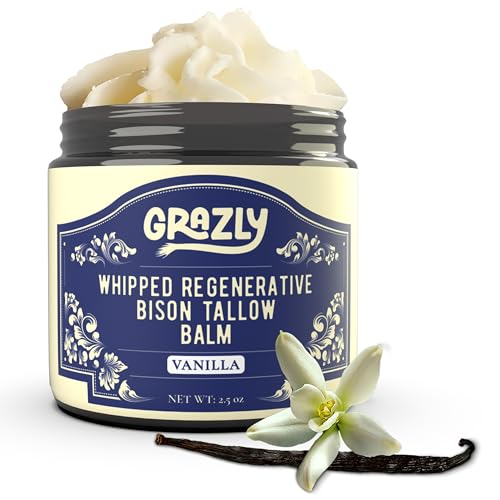 Grazly Whipped Bison Tallow Balm w/Manuka Honey Jojoba Organic Vanilla - Grass-Fed & Finished Organic Tallow Face Moisturizer - Face & Body Cream for Acne-Prone Skin - Nourishing Skincare (2.5 oz)