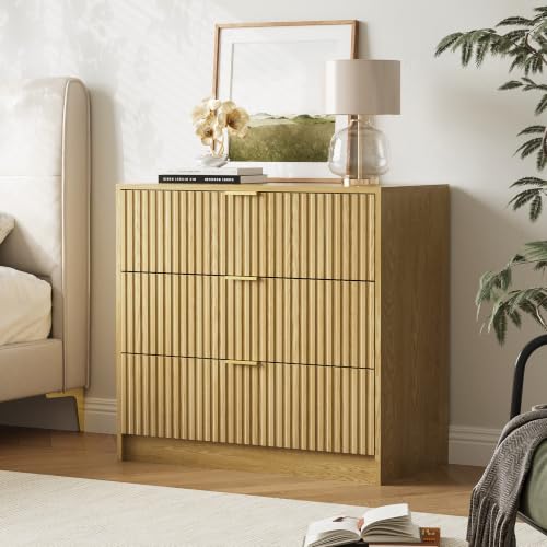 Image of Furniway 31.5 inch Large Nightstand with 3 Drawers, Fluted Bedside Table, Modern Tall End Table with Storage, Wood Night Stand Organizer Cabinet for Bedroom, Natural Oak