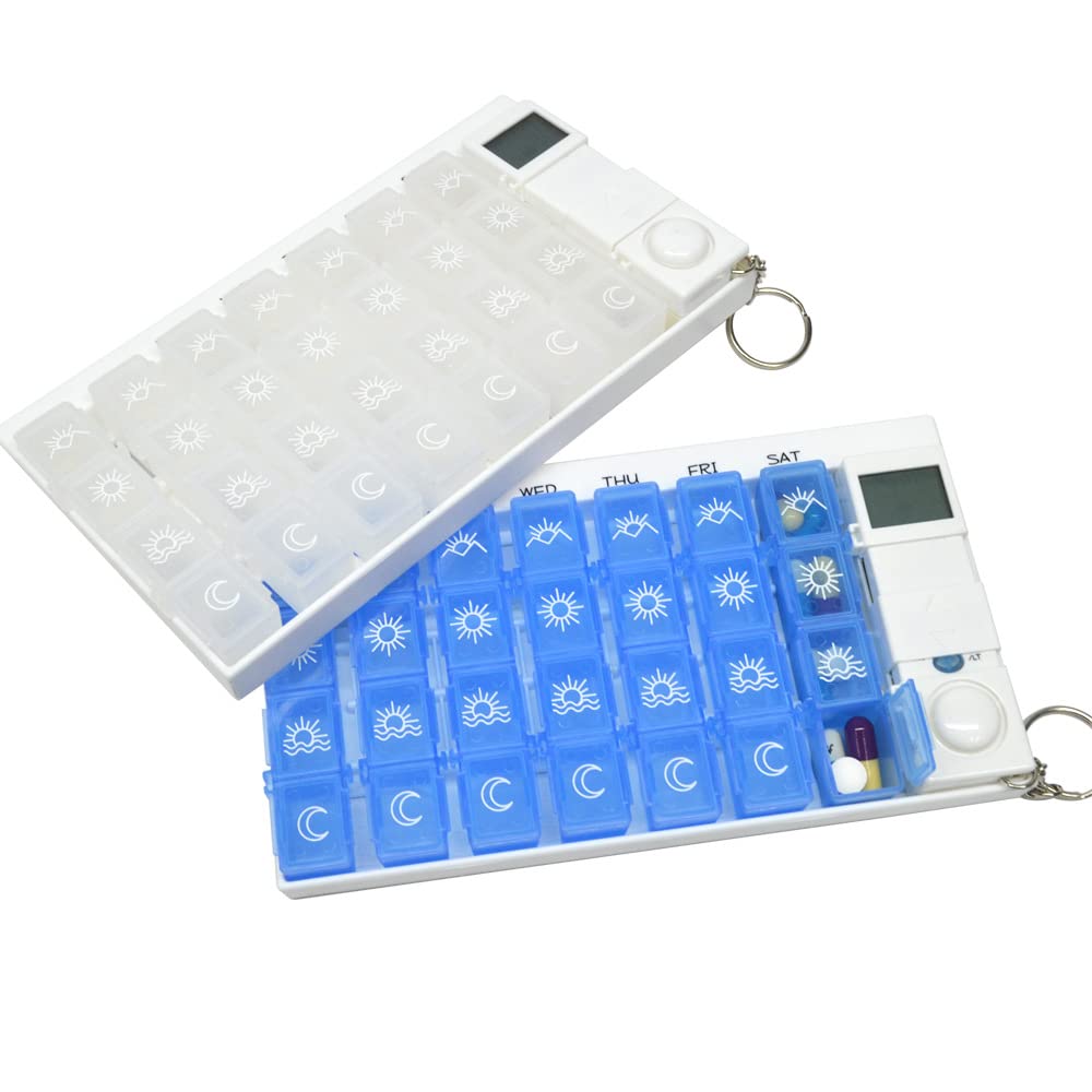 Portapillole 7 Giorni Pill Box Medicina Pillola Caso LED Timer Promemoria 28 Griglie Compresse Settimanali Dispenser di Pillole di Stoccaggio Sveglia Contenitore