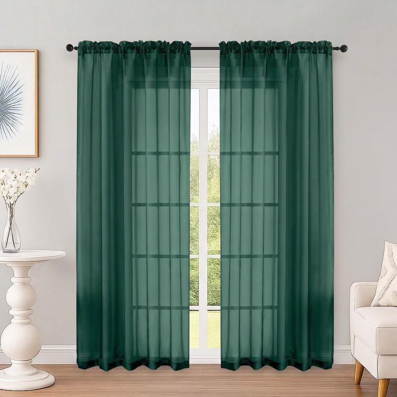 OWENIE Hunter Green Sheer Curtains 72 Inches 2 Panels for Living Room