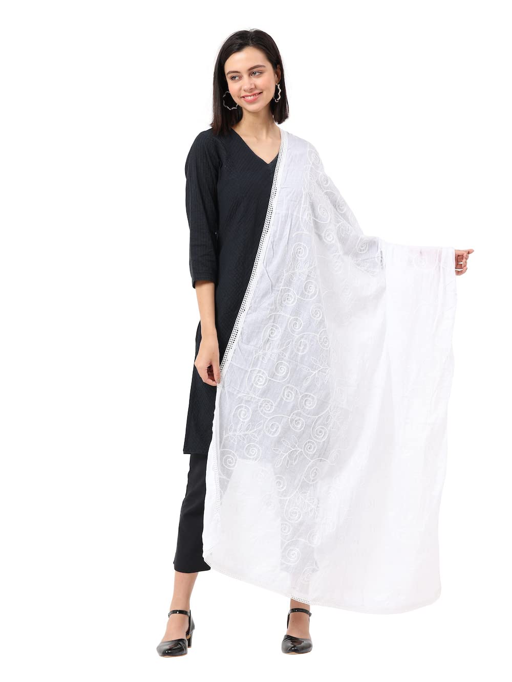 calyssa Women's Fashion Designer Embroidered 100% COTTON Dupatta Scarf for Women/Girls (Length: 2.2 meters, Made in India, Colour : White)-picture-1