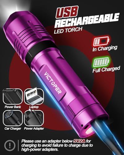 Image of Victoper Pink Rechargeabe Flashlight 2 Pack, High Lumens 5 Modes LED Bright Tactical Flashlights, Waterproof Zoomable Flash Light for Outdoor, Gifts for Camping Essentials Gear