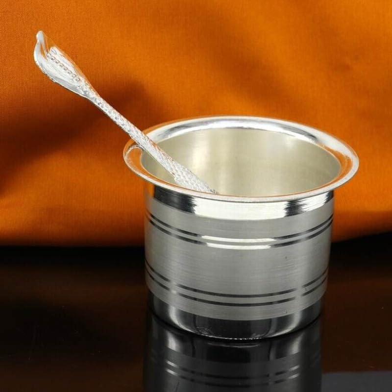 Image of Silver Plated Ghee Pot with Spoon | Pooja Ghee Container for Mandir | Charnamrit Kalash Set | Temple Bhog & Aarti Item | Religious Gift for Diwali, Wedding & Housewarming