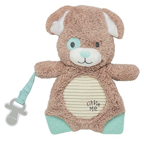 Large 9 inch Plush Toy with Two Silicone Teethers and Pacifier Holder Strap (Little Me Puppy, Tan)
