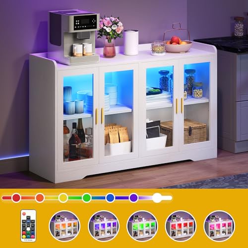 DWVO 55'' Sideboard Buffet Cabinet with LED Light, Coffee Bar Cabinet with 4 Doors & Adjustable Shelves, Large Storage Cabinet for Kitchen, Dining Room, Living Room, White