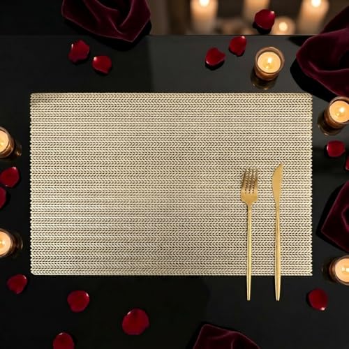 FAVE 6er-Set rechteckige Platzsets aus Vinyl, Gold, hitzebeständige PVC-Tischsets, waschbare Tischmatten für Feste, Hochzeiten, Restaurant & Home Decor (Gold Weizenmuster, 30 x 45 cm - 6 Stück)