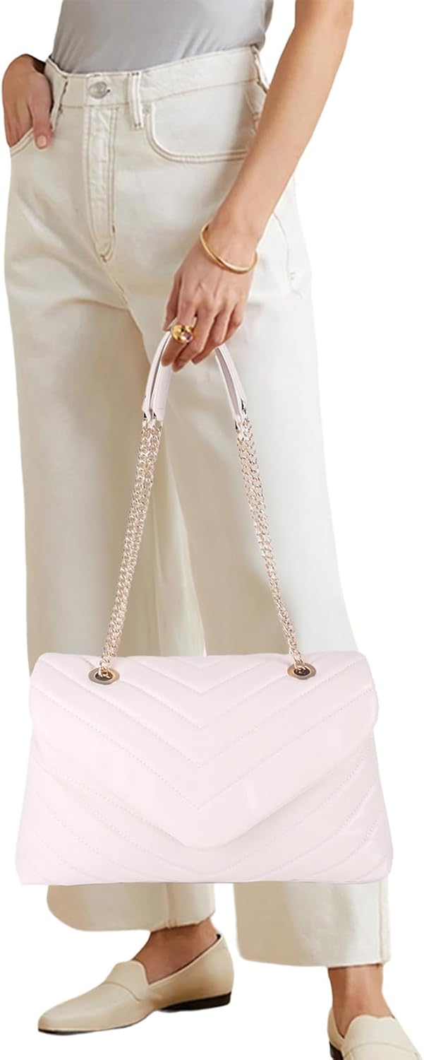 Quilted Crossbody Bag for Women, Soft Vegan Chevron Purses, Trendy Shoulder Handbags with Flap (Beige) - Image 2