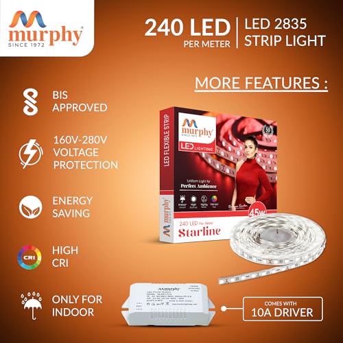 Image of Murphy 45W LED Strip Light 2835 High Lumen 5 Metre (240 LEDs /Mtr) Cool White - 12V DC 10A Driver Included | Cove /False Ceiling /Decor Light (Pack of 5, 1-Year Warranty)
