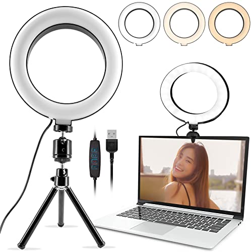 LEDリングライト6.6インチ Sheehow 自撮りライト三脚 クリップ式 女優ライト10段階調光 3色モード360度回転可能 USB給電 zoom/web会議/オンライン授業/ビデオ/生放送/美容化粧/自撮り