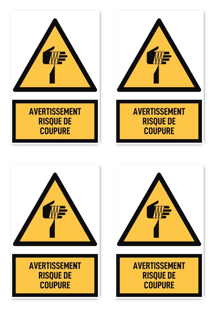 Pegatinas: 150 x 100 mm, 4 unidades. Advertencia de peligro de corte. Idioma: francés. Señal de advertencia con texto (amarillo/negro). Alcantarilla W022. DIN EN ISO 7010