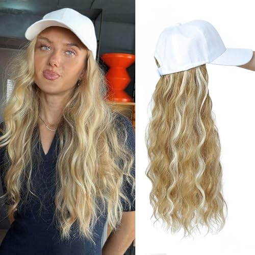 Yunkang Baseball Cap Wig Long Natural Wave Hair Extensions With White Hat Heat Resistant Synthetic Mix Honey blonde Fiber Hairpieces Adjustable Wavy Wig for Women Girls