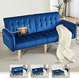 TYBOATLE 65' W Velvet Modern Convertible Folding Futon Couch Sofa Bed w/ 2 USB Charging Ports for Compact Living Space, Small Couches for Office, Dorm, RV Room, Apartment, Bedroom (Navy Blue)