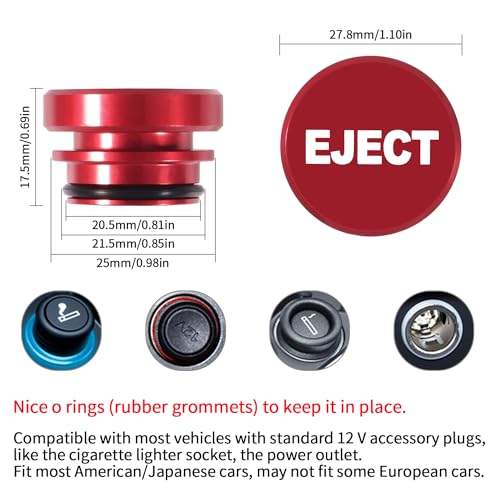Image of Aokin Cigarette Lighter Cover, Aluminum Dustproof Car Cigarette Lighter Plug Parts Auto Accessories Fits Most Vehicles, Autos, Trucks, Boats Standard 12 Volt Power Source, Eject Red