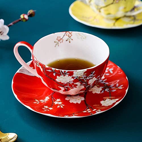 Zestaw kubków i spodków do kawy, 236 ml, cienka porcelana kostna, kwiatowy wzór, idealny na herbatę i latte, idealny na imprezy i prezenty