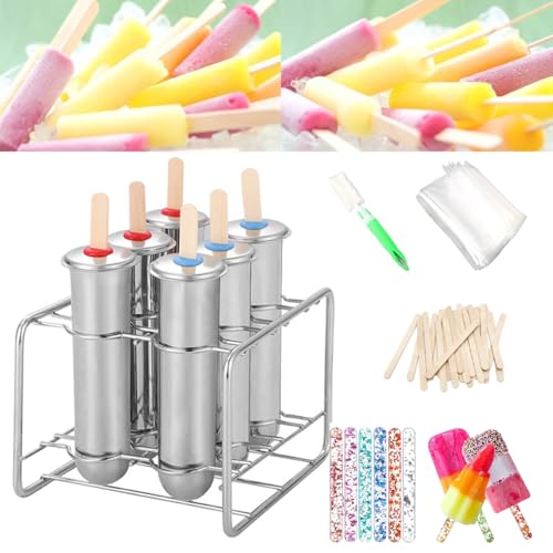 Set of 6 Stainless Steel Popsicle Molds Kit, Metal Popsicle Moulds,Homemade Ice Treat Makerwith 50 Wooden Sticks and 6 Silicone Seals and 20 Pop Bags,Cleaning Brush(Round)