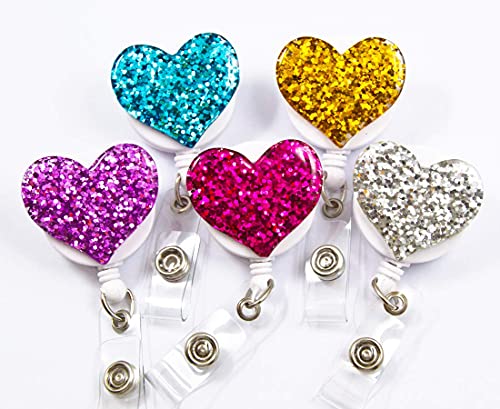 Ascrafter Bling Heart Badge Holder for Women, 5 Pack Glitter Love Heart Retractable Badge Reel Clip on ID Name Card, Colorful ID Badge Clip for ID Tag Nurse Accessories for Work
