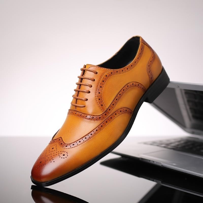 Mens Classic Leather Oxfords Flat Head Toe Lace Up Low Heels Carved Fashion Dress Shoes for Office Business Casual Work2